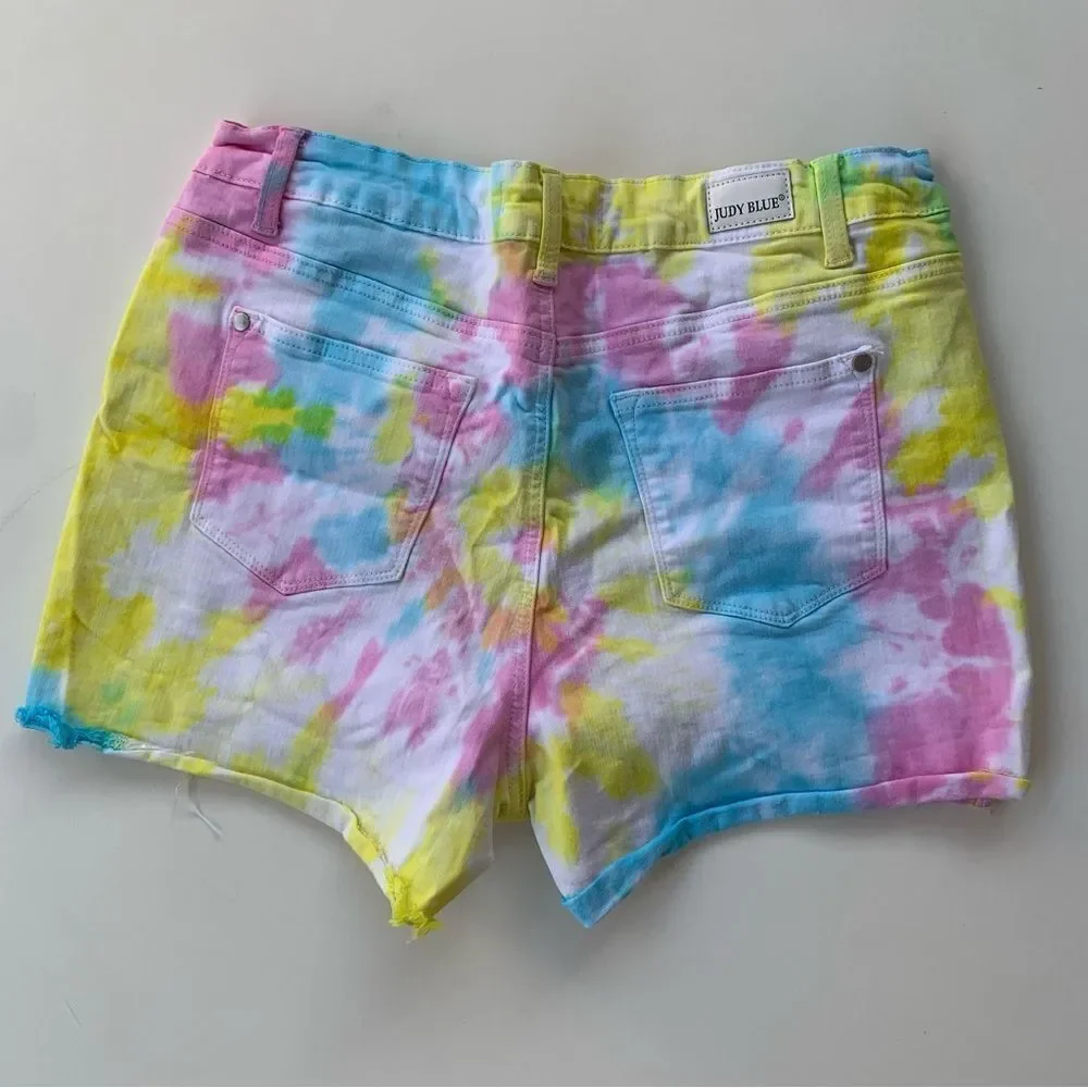 Judy Blue Shorts Tie Dye Rainbow Women XL Stretch Denim Fray Cut-Off Colorful